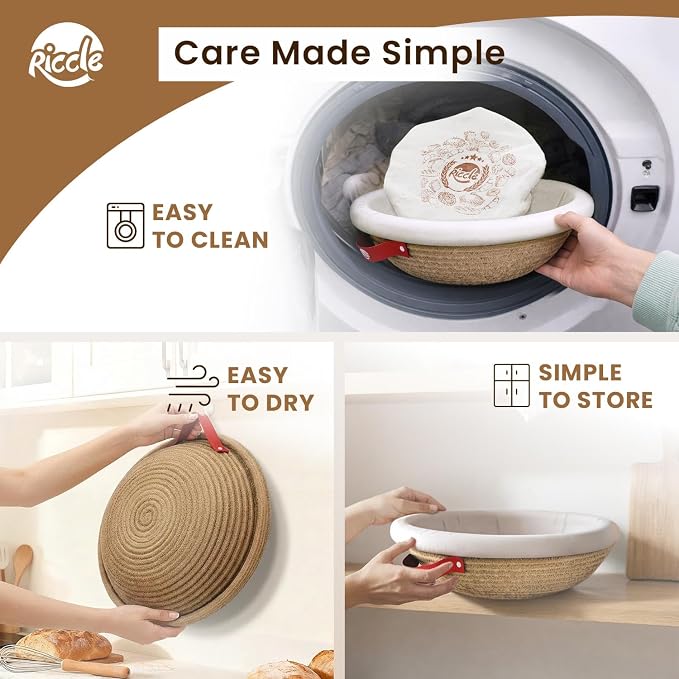 Riccle Cotton Rope Banneton Bread Proofing Basket Set, 9 Inch Round Bread Basket with Liners & Covers for Artisan Bread Baking, Sourdough Bread Baking Supplies