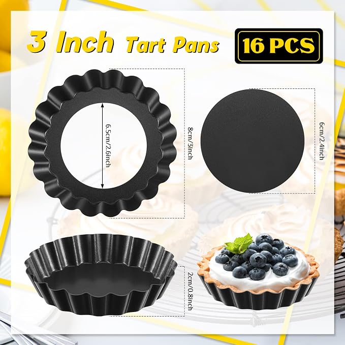 Tessco for you 16 Pcs Mini Tart Pans for Baking, 3 Inch Quiche Pans with Removable Bottom, Nonstick Egg Tartlets Molds Fluted Side Bakeware for Pie Fruit Tart Cheesecake Dessert (Black Gray Round)