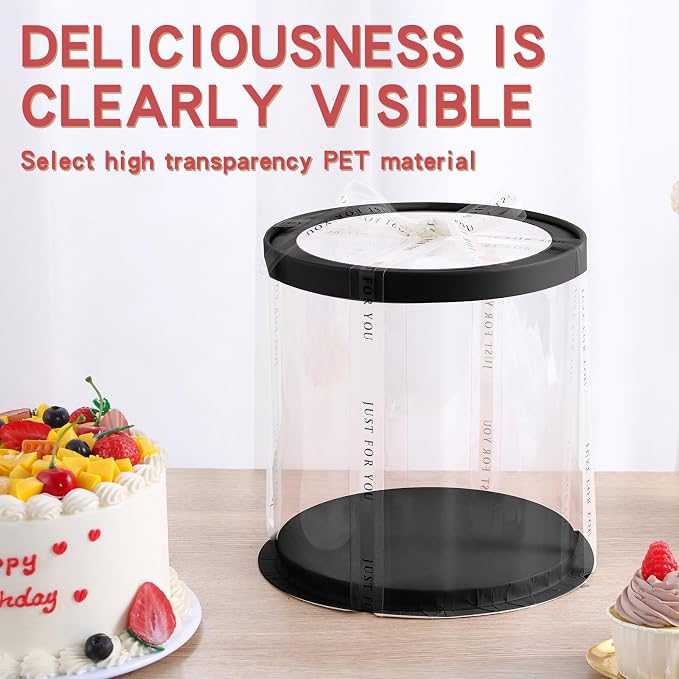 JCD Black Multi-Layer 10 * 10 Inch Round Clear Cake Boxs with Ribbon,6 Pack Tall Transparent Packaging Cake Containers PET Cake Carrier Box for Birthday (Black, Round 10inch/6pcs)