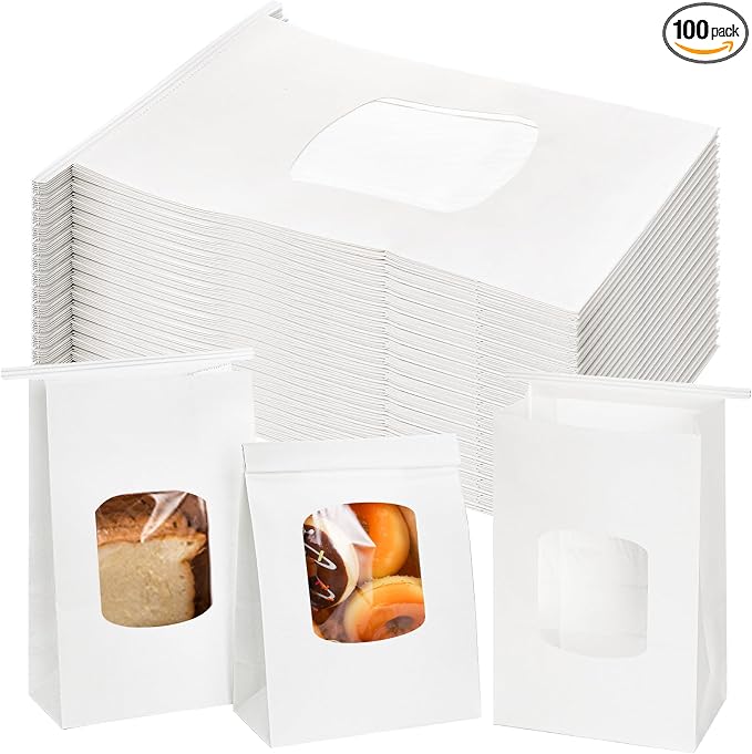 Okllen 100Pcs Bakery Bags with Window, 6x3x9 Inches White Tin Tie Tab Lock Kraft Paper Bags for Cookies, Coffee Beans