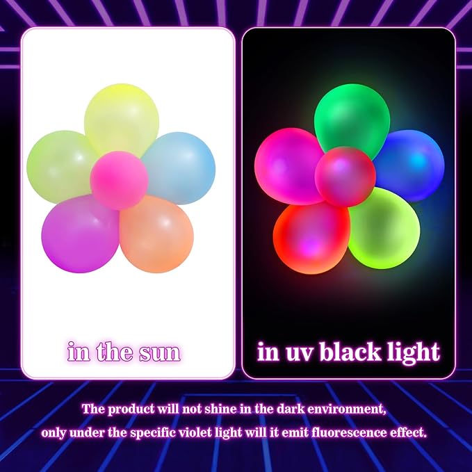 120 Pcs UV Neon Balloons, Blacklight Reactive Fluorescent Balloons Glow in the Dark Birthday Decorations for Birthday, Wedding, Neon Party, Glow Party Decorations Supplies