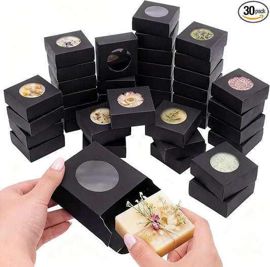 Chinco 30 Pcs Square Soap Boxes for Homemade Soaps Candle 3 x 3 x 1.2 Inch Soap Boxes with Clear Window Small Gift Wrapping Box for Soaps Packaging Bakery Cookies Candy Party Favor Supplies