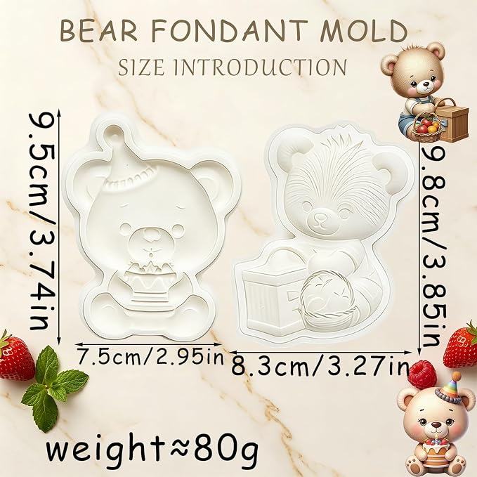 2Pcs 3D Cute Teddy Bear Silicone Fondant Molds, Birthday Party Picnic Bear Chocolate Candy Mold for Baking, Cake Decorating, Gum Paste, Cupcake Toppers, DIY Crafts, Easy Demold Pastry Tool