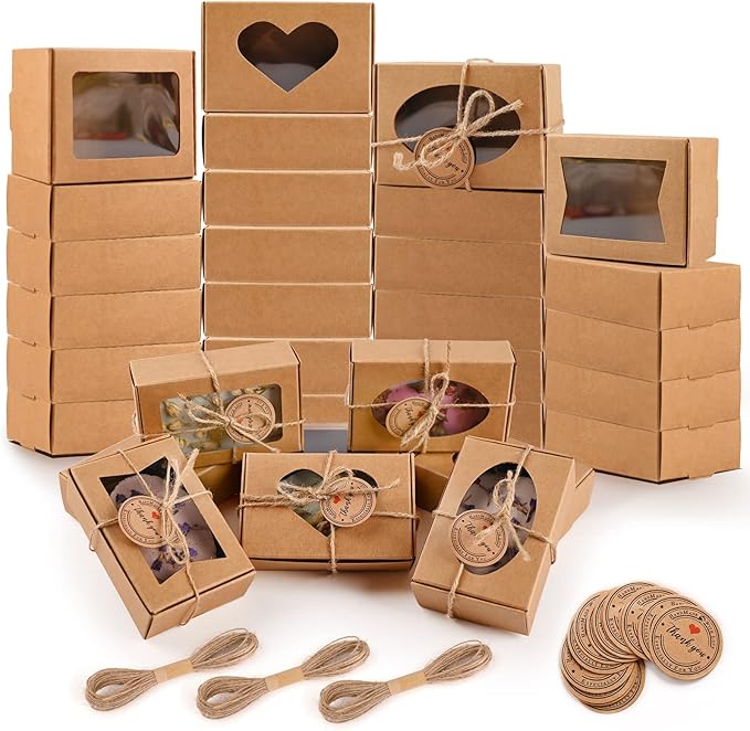 32 PCS Brown Soap Boxes for Homemade Soap, 3.54 X 2.36 X 1.18 Inch Soap Packaging Gift boxes with Window, Small Rectangular Soap Wrapping Boxes (Brown)