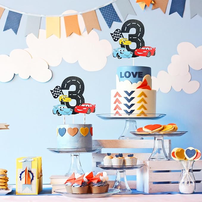 MEMOVAN Race Car 3rd Cake Topper 3th Racing Car Birthday Cake Topper Decoration for Racing Car Checkered Flag Themed Girl Boy 3 Years Birthday Party Supplies Double Sided