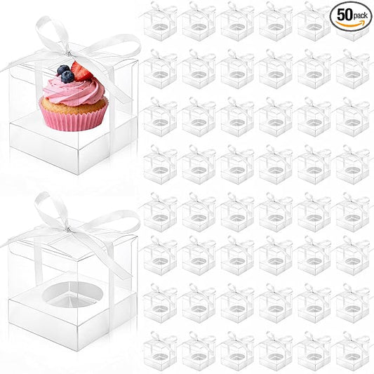 50 Pcs Clear Cupcake Box Individual, 3.5 Inch Plastic Single Cupcake Container, Cupcake Storage Holder Carrier with Ribbons Inserts, Ornament Candy Gift Box for Mother's Day Party Wedding Baby Shower