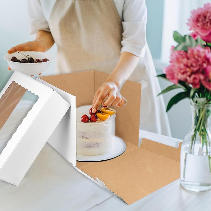 KEEPARTY 3 PCS White Tall Cake Boxes 14x14x12 inch with Window White Disposable Baking Box Container Wedding Cake Carrier