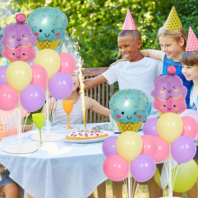 4 Sets Ice Cream Birthday Party Balloons Stand Kit with Ice Cream Foil Balloons Macaron Theme Party Ball Balloon Centerpiece for Tables for Summer Themed Birthday Baby Shower Decoration