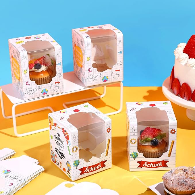 48 PCS Back to School Party Cupcake Boxes Individual with Window Inserts First Day of School Single Cupcake Containers Welcome Back to School Cake Treat Boxes for School Classroom Party Favor Supplies