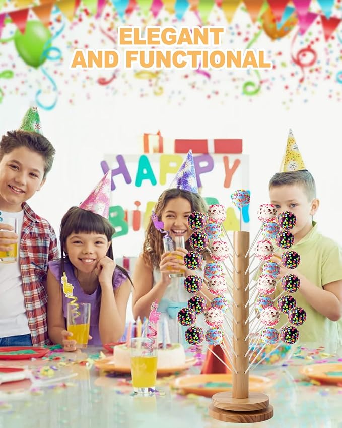 Wood Cake Pop Stand Kit 48 Holes with Spinning Base, Wooden Lollipop Holder Candy Table Display Decorative Dessert Stand with Cake Pop Scooper, Paper Sticks, Clear Treat Bags & Twist Ties