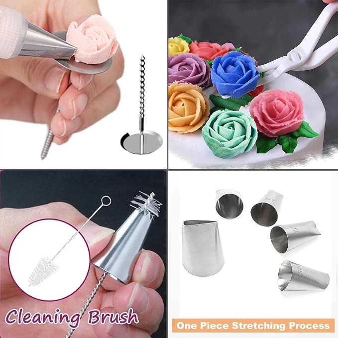 23Pcs Cake Decorating Tools Set, Stainless Steel Rose & Petal Icing Piping Tips with Flower Nails, Flower Lifters, Brush, Piping Bags and Pastry Bag Ties for Cake Cupcake Fondant Cookie Baking