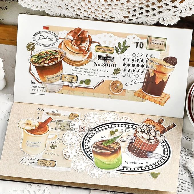 Maxleaf 80PCS Dessert Cake Clear Stickers for Scrapbook Decoration, 4 Series Retro Foods Bread Cake Coffee Stickers for Daily Life Diary Album Decoration