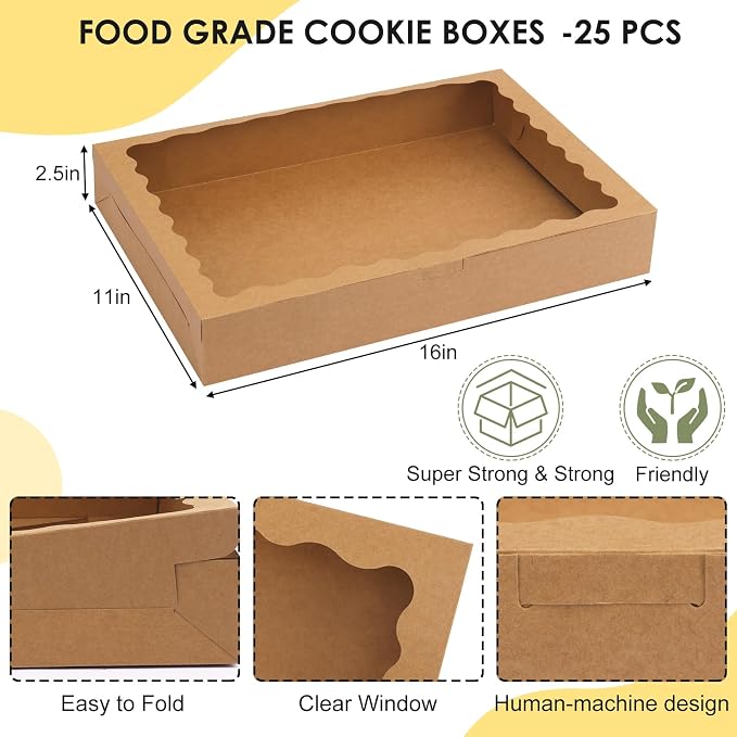 TOMNK 25pcs 16x11x2.5 Inch Cookie Boxes, Donut Boxes with Window for Bakery, Treats, Desserts, Chocolate Covered Strawberries, Pies, Muffins (Brown)