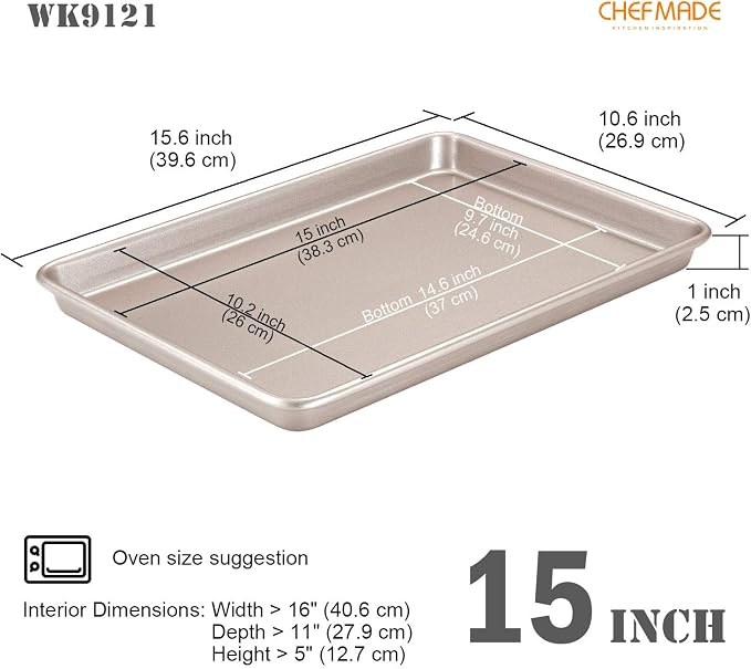 CHEFMADE 15-Inch Baking Sheet Pan, Non-Stick Carbon Steel Rimmed Cookie Sheet Pan for Oven Roasting Meat Bread Jelly Roll Battenberg Pizzas Pastries 10.6" x 15.6" x 1" (Champagne Gold)