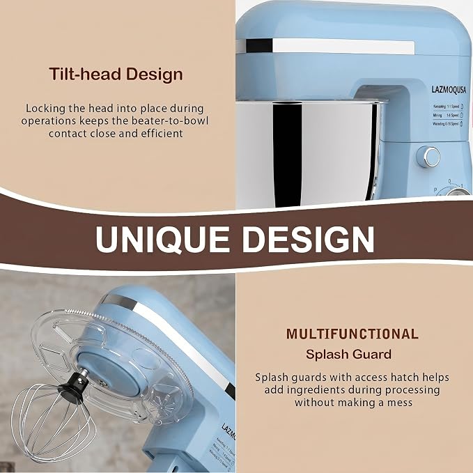 Stand Mixer, 6.5 Quart, 660W, Tilt-Head Food Mixer with 10+ Speeds, Stainless Steel, Multifunctional, for Bread Dough and Cake (Blue)