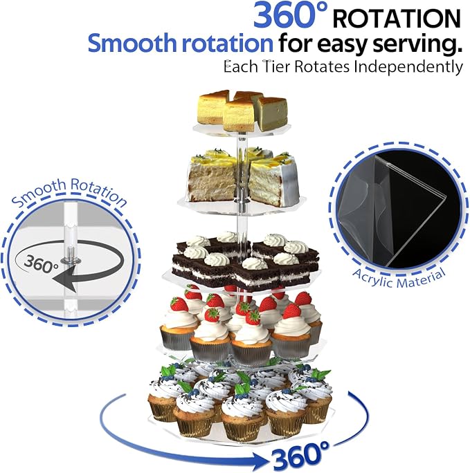 5-Tier Rotating Cupcake Stand, Clear Acrylic 360° Spinning Dessert Display Tower for Cakes & Pastries, Serving Stand for Weddings, Birthdays, Parties-Polygon
