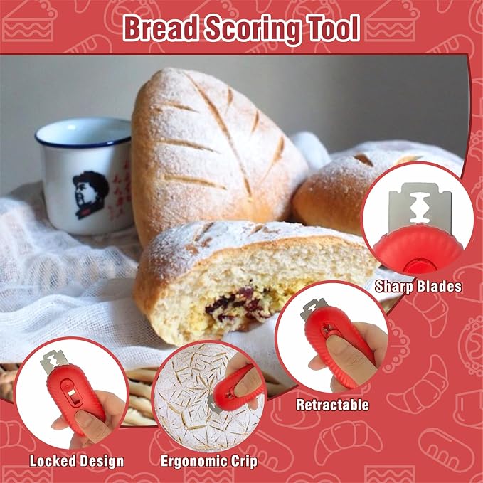 Bread Lame Dough Scoring Tool,Retractable Sourdough Scoring Tool with Stainless Steel Blade for Bread Baking, Cooking Supplies Accessories (RED)