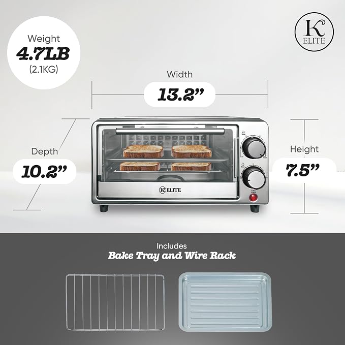 Kitchen Elite Toaster Oven, Compact Countertop Appliance with Bake Tray, Wire Rack, Adjustable Timer, and Temperature Control, Black