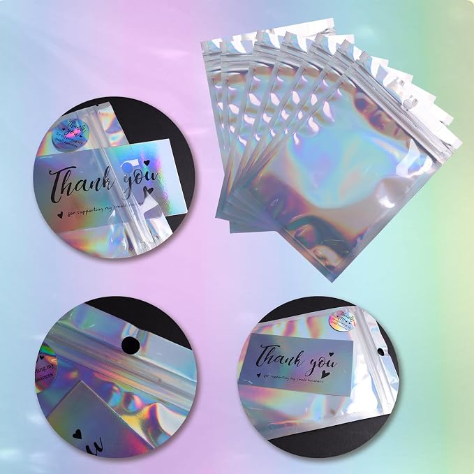 620pcs Thank You Business Cards & Stickers Set - Gold Foil, 100 Cards, 500 Stickers, 20 Resealable Bags (Holographic)