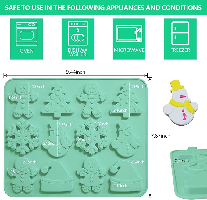 Zorazio 2Pack Christmas Silicone Cookie Chocolate Molds,Christmas Tree Silicone Mold, 12-Cavity Christmas Chocolate Mold for Candy Cookies Including Snowman Snowflakes Santa Hat