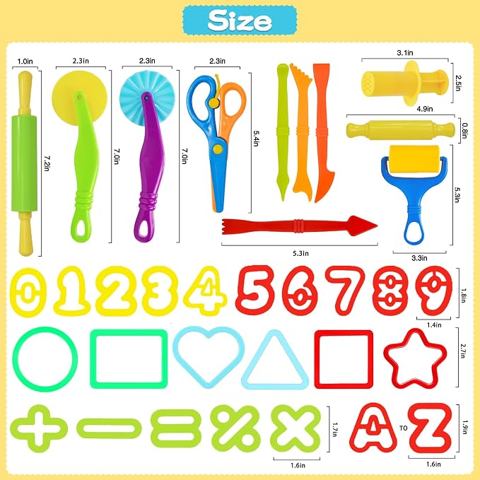 LCY WEDSHI Dough Tool Set, 62 Pcs Dough Tools Sets for Kids Ages 4-8, Dough Accessories Includes Alphabet Numbers Shapes, Cutters Roller, Rolling Pins, Safety Scissors, Plastic Knife
