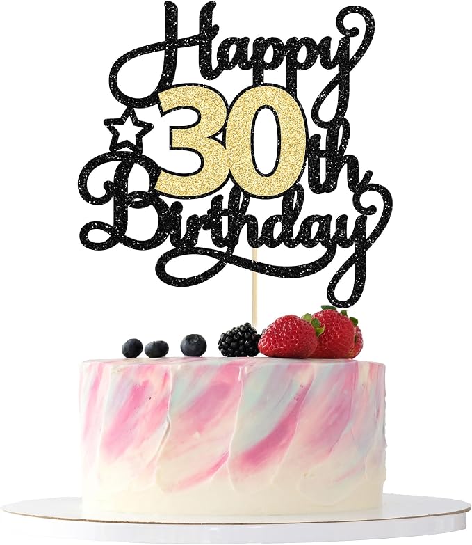 1Pc Happy 30th Birthday Cake Topper Black Gold Glitter Cheers to 30 Years Birthday Cake Pick 30 Fabulous Cake Decoration for Happy 30th Birthday Anniversary Party Cake Decorations Supplies
