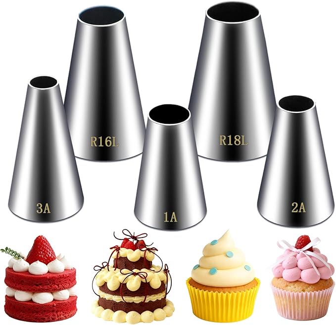 Hendiy 5 Pieces Large Round Piping Tip Set, Stainless Steel | Professional Cake Decorating, Frosting Tip, For Cupcakes Cakes Cookies