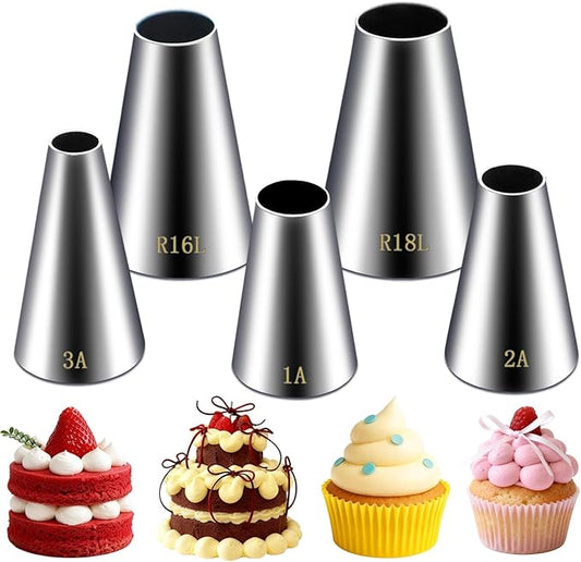 Hendiy 5 Pieces Large Round Piping Tip Set, Stainless Steel | Professional Cake Decorating, Frosting Tip, For Cupcakes Cakes Cookies