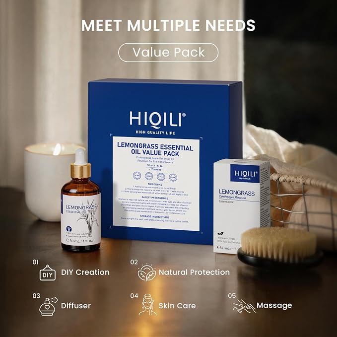 HIQILI Lemongrass Essential Oil Set-1 fl oz (12 Pack), Bulk Wholesale for Business,Ideal for DIY, Diffusing, Protection, Skin Care & Massage, for Craft Shops, Hotels, Outdoors & Spas