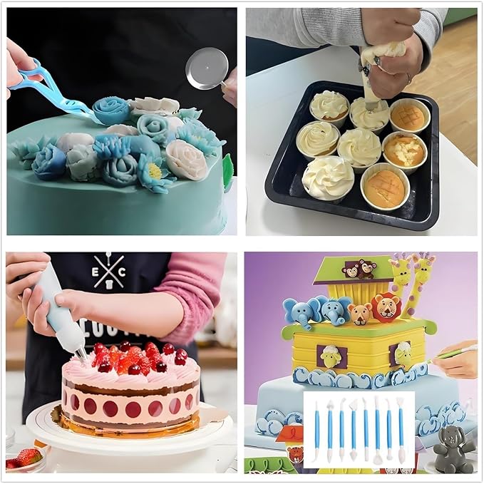ANSLYQA Cake Decorating Kit, 340 Pcs Baking Tools (Blue) | Cake Turntable, Leveler, 55 Numbered Icing+Skirt Tips, 2 Spatulas, 3 Scrapers, 100 Pastry Bags, 100 Cupcake Liners & More