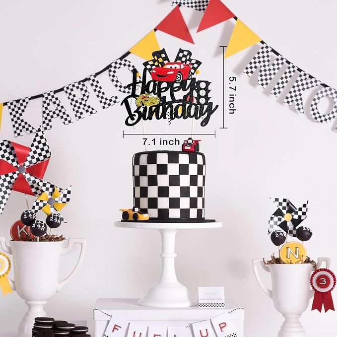 MEMOVAN Car Birthday Cake Topper Race Car Cake Decoration for Boy Girl Man Racing Car Checkered Flag Themed Birthday Party Supplies Double Sided