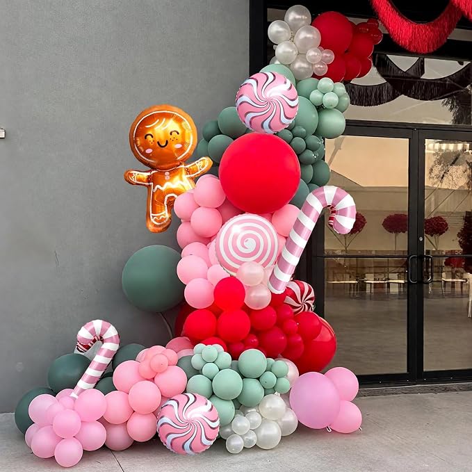 Christmas Balloon Arch Kit, Red Green Macaron Orange Pink Balloons with Lollipop Candy Cane Gingerbread Man Foil Balloons for Xmas Holiday Winter Birthday New Year Party Decorations