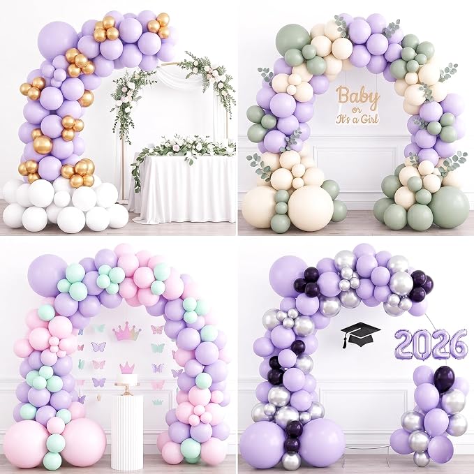 104pcs Pastel Purple Balloons Garland Arch Kit, 18 12 10 5 Inch Macaron Light Lavender Lilac Latex Balloons for Baby Bridal Shower Wedding Birthday Butterfly Party Decorations