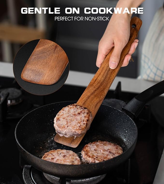 12 inch Teak Wooden Spatula for Cooking, Small Wood Flipper, Egg Scraper, Flat Wood Turner, Multipurpose Wooden Cooking Utensils, Spatulas Spoons Perfect for Flipping, Scraping & Turning, Set of 2