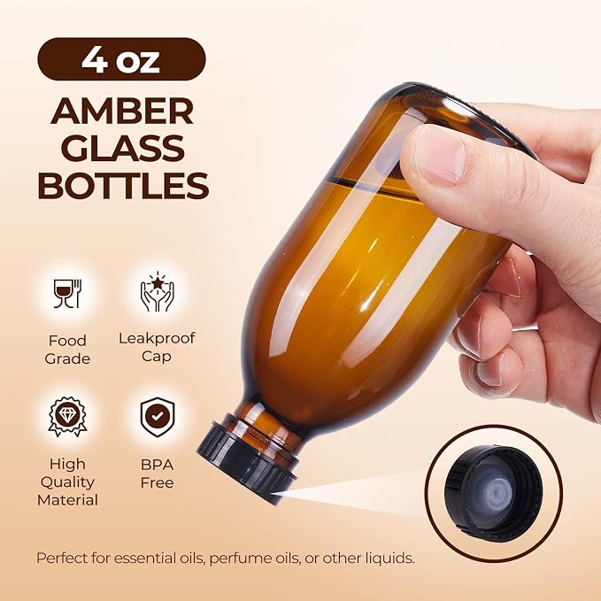 6 Pack 4 oz Amber Glass Bottle with Lids, Small Glass Vanilla Extract Bottles for Homemade Vanilla Extract, Essential Oils, Juice, Potion, Syrup, Christmas, Holiday Gift