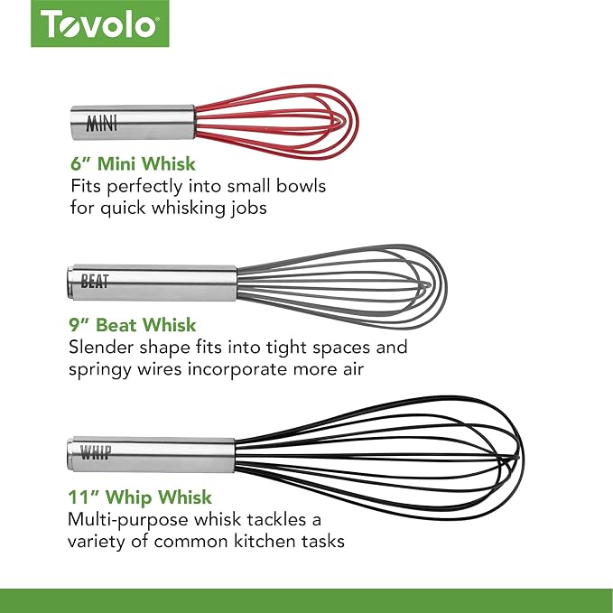 Tovolo Whisk 9 Inch Heavy Duty Silicone Wire Stainless Steel Whisker for Cooking Baking Blending Mixing Stirring Whipping Whisking, Dishwasher Safe Multi Use Classic French Wire Whisk, Charcoal Gray
