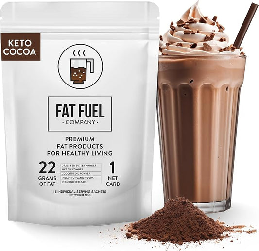 Fat Fuel Instant Keto Cocoa – a Complete Keto-Friendly Meal Replacement with MCT Oil, Coconut Oil, and Grass Fed Butter – Low Carb Hot Chocolate, Organic (15 Packets)