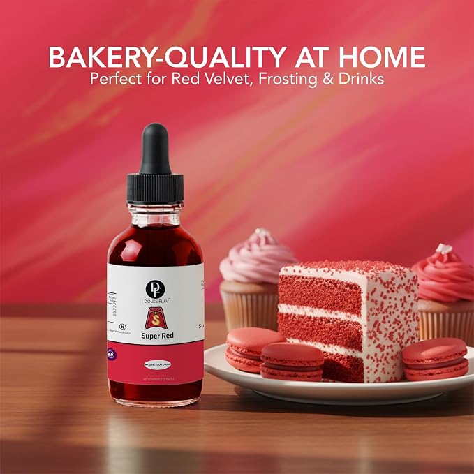 Dolce Flav Natural Super Red Food Coloring – Water-Soluble, Plant-Based, Vibrant Red Color for Baking, Drinks, Frosting, Jams & More – Easy Mix, Concentrated Formula (0.5–2% Use Rate)
