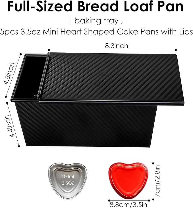 Saiveina 【5 Bonus Heart Shaped Cake Pans 】 Pullman Loaf Pan with Lid, 1 lb Bread Loaf Pan Non-Stick Carbon Steel, Square Bakeware for Sandwich, Shokupan, Pain de Mie, Sourdough, Toast, Black