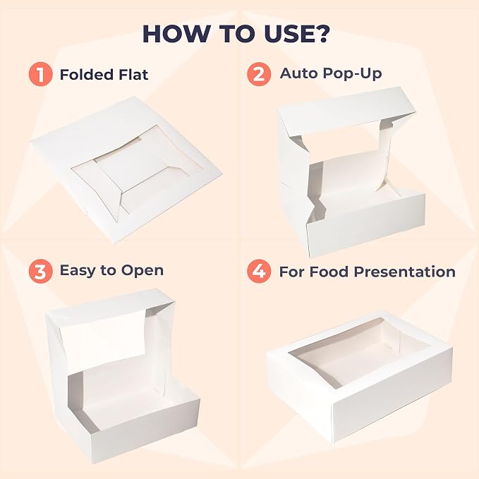 Fit Meal Prep 18 Pack 14 x 10 x 4 Inches White Bakery Boxes with Window, Auto-Popup Cardboard Gift Packaging and Baking Containers, Cupcake, Cookie and Loaf Bread Boxes