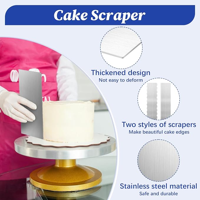 2 Pack Stainless Steel Cake Scraper, 8.6-inch Double Sided Patterned Edge Stripe Edge Smoother Scraper Cake Decorating Tools, Metal Cake Carving Smoothing Cream Pastry Baking