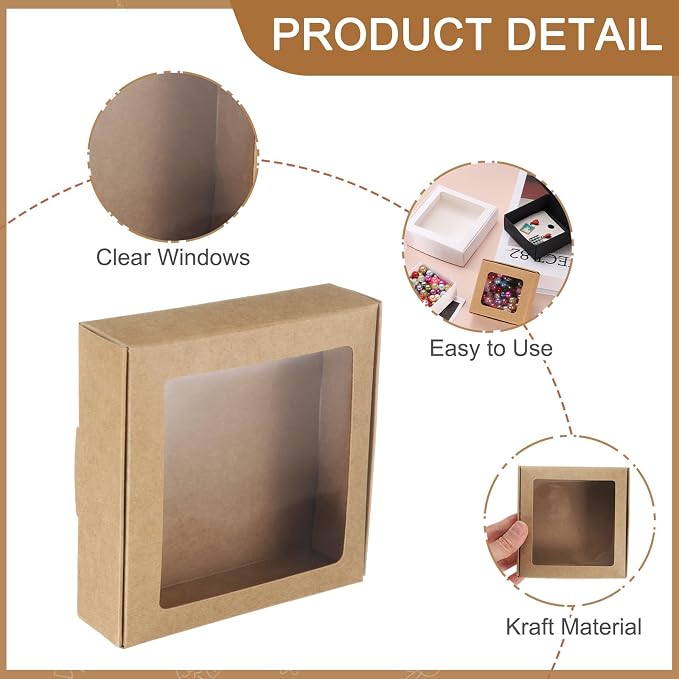 uxcell 20Pcs Kraft Soap Boxes, 4.1 x 4.1 x 1.2Inch Mini Kraft Treat Box with Clear Window for Candy Cookie Gift Party Festival Favor Treats Packaging (Brown)