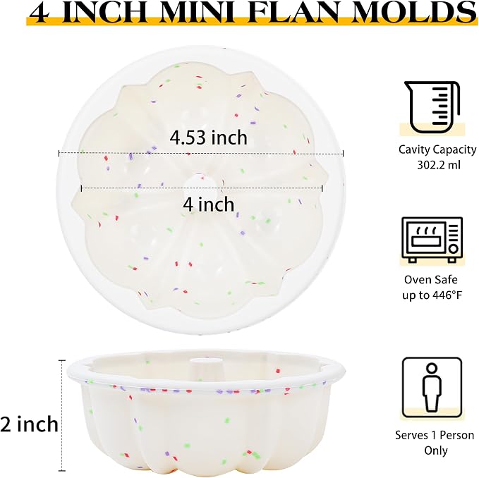4 Inch Silicone Mini Fluted Tube Cake Pans with Metal Frame, 6 Pcs Nonstick Mini Flan Molds for Baking, BPA Free – Individual Reusable Jello Mold for Small Business or Home Baker(Cream)