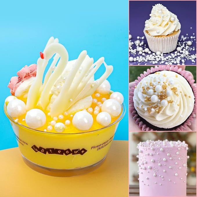 White Pearl Sprinkles for Cake Decorating, 4 Sizes Mix Size, Edible Pearls for Cupcake Topper, Ice Cream, Donuts, Baking Decoratings (2mm, 4mm, 7mm, 10mm)