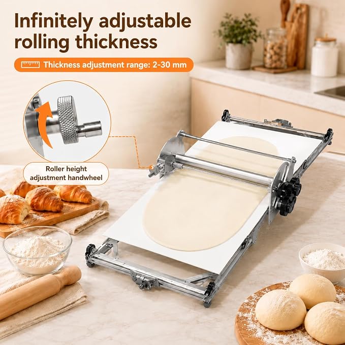 Electric Foldable Dough Sheeter, 51.18"×22.44" Working Surface, Commercial Stainless Steel Dough Roller, 10 Adjustable 2-30mm Thickness Heavy Duty Pasta Machine for Bakery Pizza Croissant Pastry