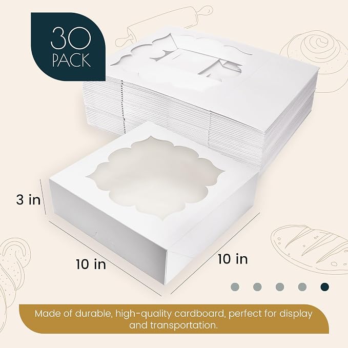 NPLUX 30 Pack Pie Boxes with Window 10x10x3 in Bakery Boxes Perfect for Pies, Cheesecake, Cookies, Muffins and Chocolate Covered Strawberries, Graduation Gifts Party Favors(White)