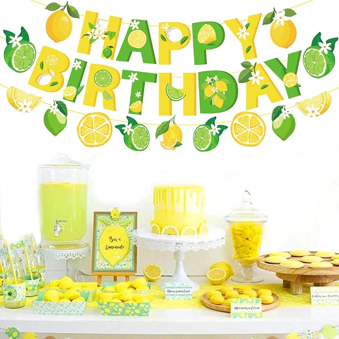 Zwiebeco Green Yellow Lemon Happy Birthday Party Decoration Banner Bunting Garland Hanging Paper for Boys Girls Women Kids Adults Summer Fruit Themed Party Decor Accessories Supplies