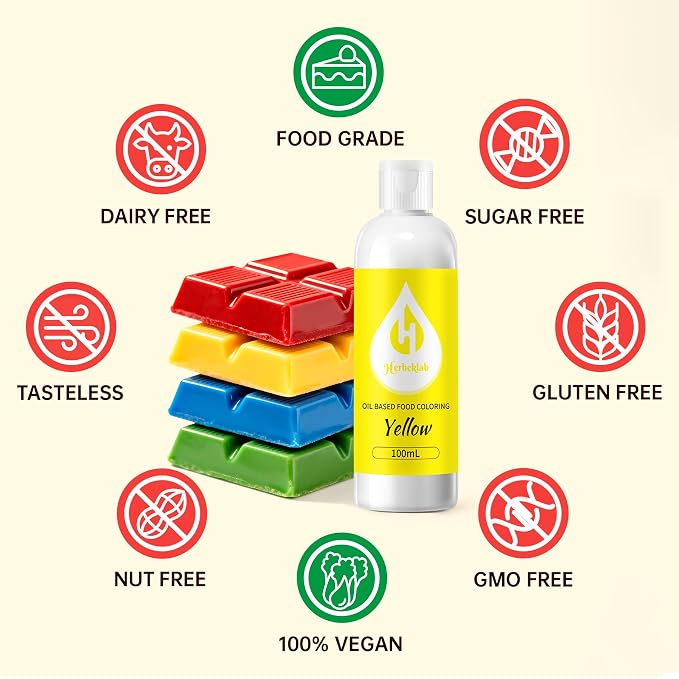Yellow Oil Based Food Coloring for Chocolate – Herbeklab 100ml Professional Concentrated Oil Food Dye for Candy Melts, Chocolate, Cake Pops, Strawberries & Baking