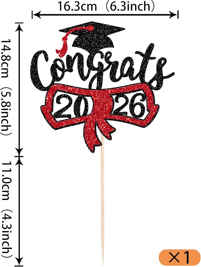 1 Pack Congrats 2026 Cake Topper Glitter Diploma Graduation Cap Cake Pick Contrats Class of 2026 Cake Decorations for 2026 Graduation Theme High School Boys Girls Graduate Party Red
