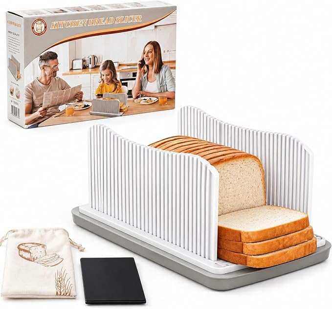 Bread Slicer for Homemade Bread, Adjustable Width Bread Loaf Slicer with Crumb Tray, Bread Bag & Silicone Mat, Foldable Bread Cutter for Even Slices for Loafs, Sandwiches, Bagels & Cakes